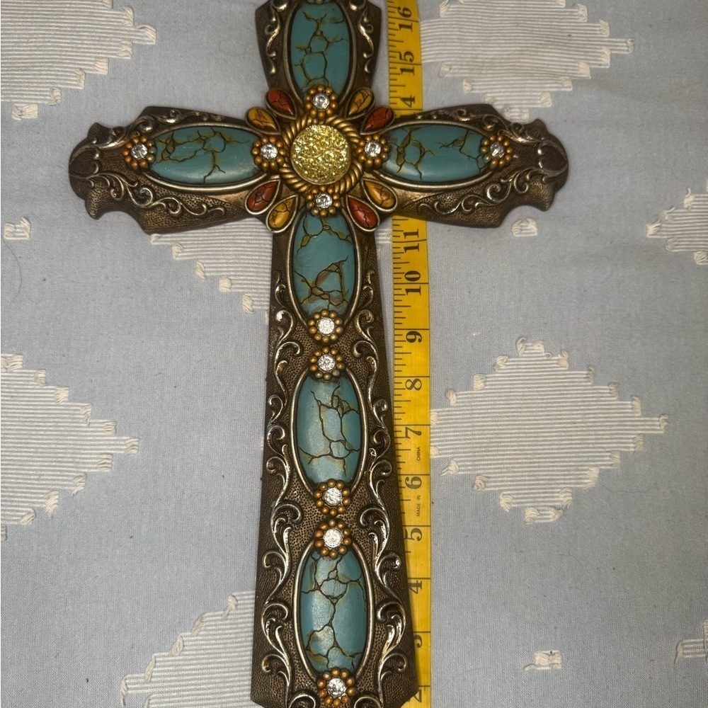 Turquoise Wall Cross Rhinestones Antique Silver Tone  18". - Picture 7 of 11